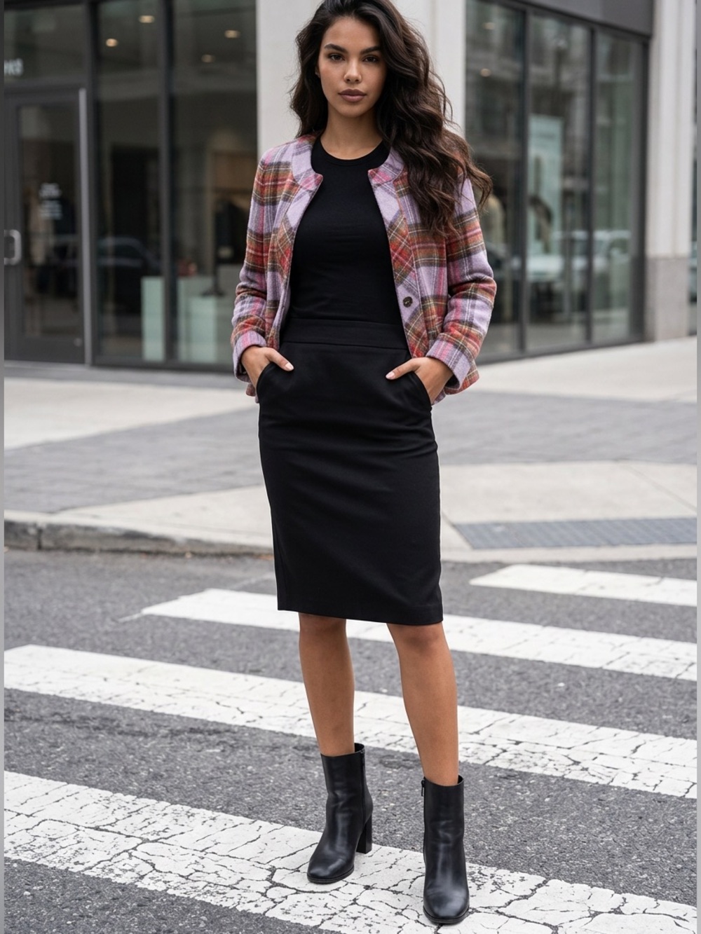 Lands' End Pink and Brown Plaid Wool Blend Jacket